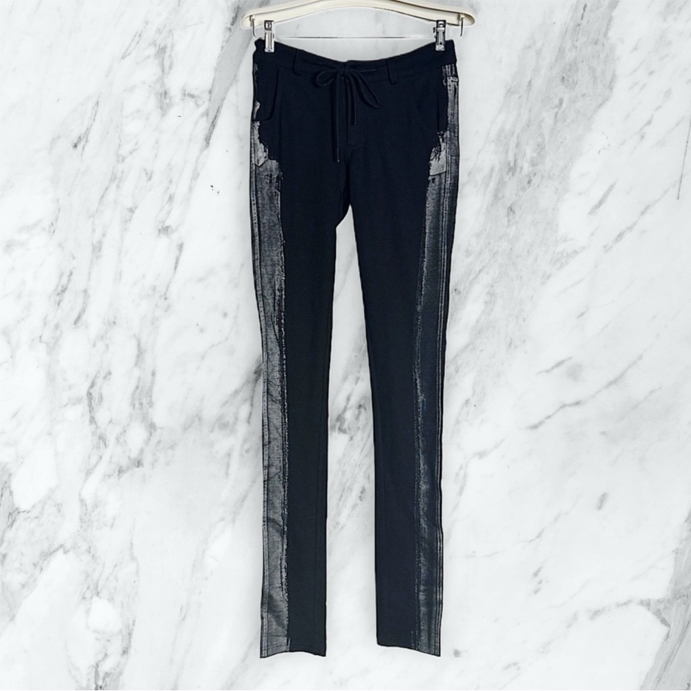 NU DENMARK 🖤 NWOT Black Fitted Track Pants w/ Grey Paint Stripe Drawstring Zip